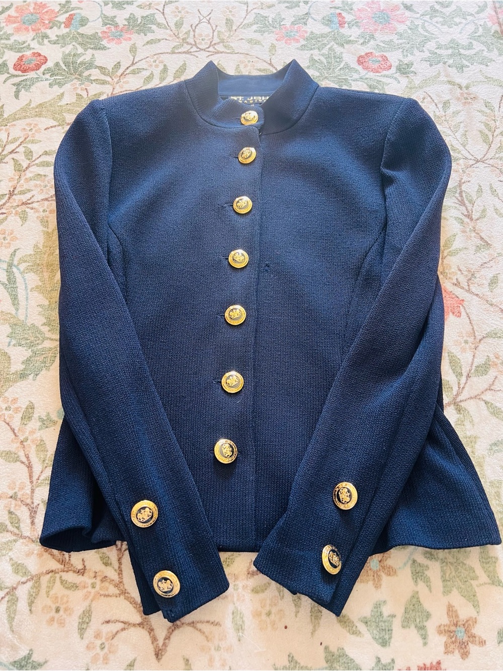 St John Basics Knit Blazer Size 10 Navy Blue Gold Buttons